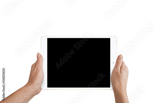 Close-up hand holding tablet with isolated background with black screen