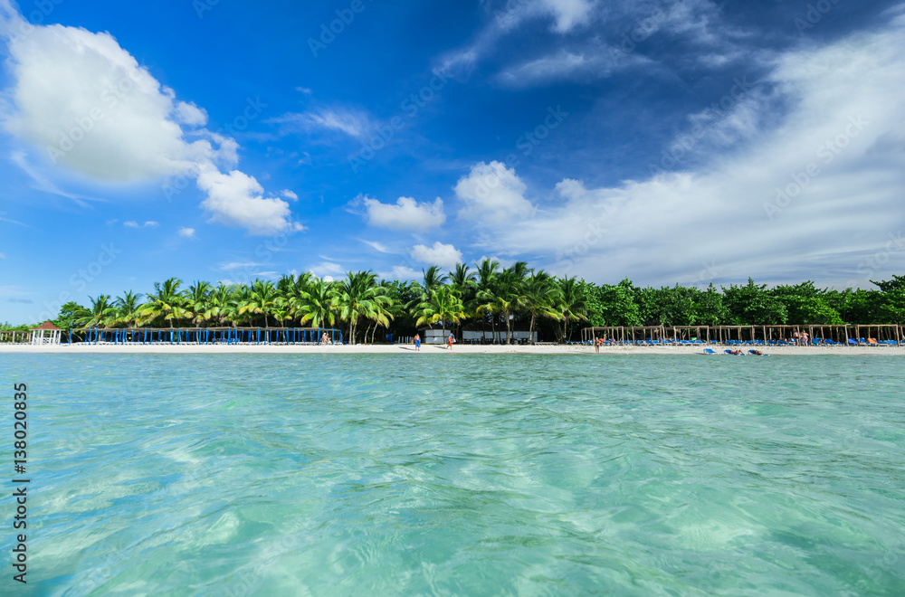 beautiful view of Cuban Cayo Coco palm beach and tranquil, turquoise ocean on sunny gorgeous day beautiful view of Cuban Cayo Coco palm beach and tranquil, turquoise ocean on sunny gorgeous day