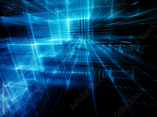 Abstract background element. Fractal graphics series. Three-dimensional composition of intersecting grids. Information technology concept. Blue and black colors.