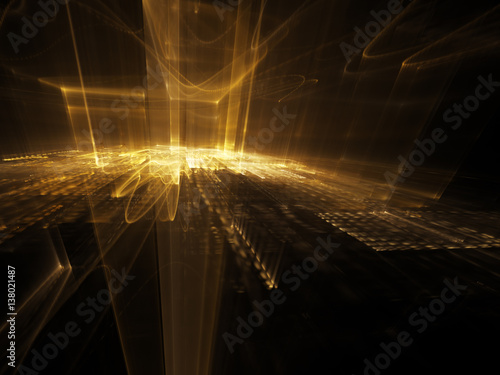 Abstract background element. Three-dimensional composition of wave shapes, grids and beams. Media information concept. Black and yellow colors.