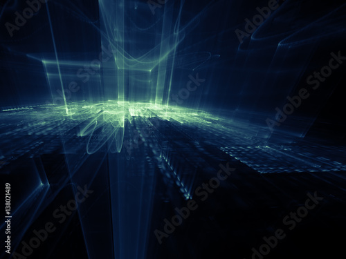 Abstract background element. Three-dimensional composition of wave shapes, grids and beams. Media information concept. Blue and black colors.