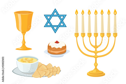 Judaism church traditional symbols icons set isolated hanukkah religious design and synagogue passover torah menorah holiday jew vector illustration.