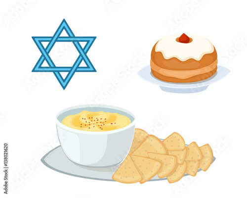 Hummus jewish food pie appetizer mashed chickpeas with tahin traditional meal cuisine parsley matzah and vegetarian delicious lunch soup vector illustration.