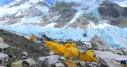 View of the Everest Base Camp on the glacier Khumbu- Nepal Himalayas. 