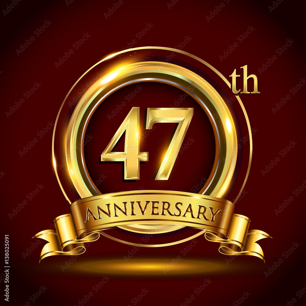 47th golden anniversary logo with gold ring and golden ribbon, vector design for invitation card and greeting card for birthday party celebration 47th golden anniversary logo with gold ring and golden ribbon, vector design for invitation card and greeting card for birthday party celebration