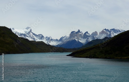 At grey day showing the bright blues of the beautiful lakes in the Torres del Paine National Park