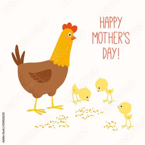 Happy mother hen with baby chicks.