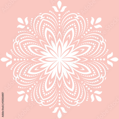 Floral vector round white pattern with arabesques. Abstract oriental ornament. Vintage classic pattern