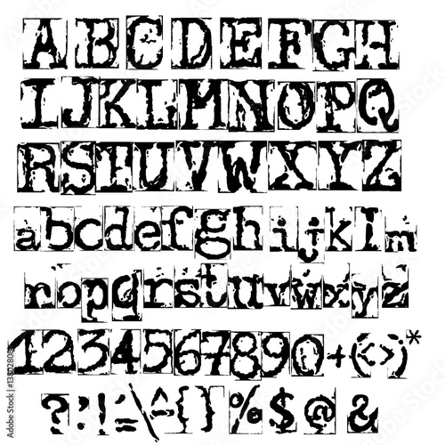 Vector old typewriter font. Vintage grunge letters. Old destroyed printed letters.