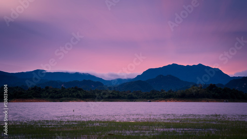 landscape mountains and water view in sunset sky, in kanchanaburi,thailand.