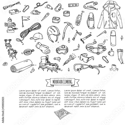 Hand drawn doodle Mountain Climbing icons set. Vector illustration. Mountaineering equipment collection. Cartoon sketch elements for trekking, hiking, tourism, expedition, camping, outdoor recreation.