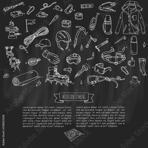 Hand drawn doodle Mountain Climbing icons set. Vector illustration. Mountaineering equipment collection. Cartoon sketch elements for trekking, hiking, tourism, expedition, camping, outdoor recreation.