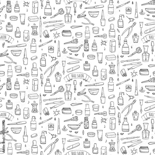 Seamless pattern with hand drawn doodle Nail salon icons set. Vector illustration. Manicure accessories collection. Cartoon sketch pedicure tools elements: polish, bottle, brush, varnish, scissors