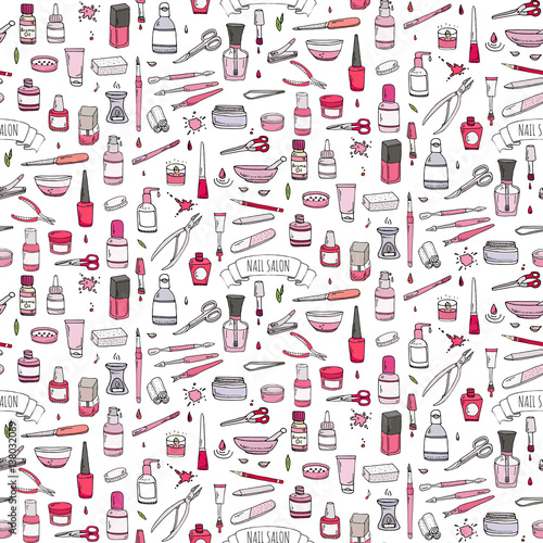 Seamless pattern with hand drawn doodle Nail salon icons set. Vector illustration. Manicure accessories collection. Cartoon sketch pedicure tools elements: polish, bottle, brush, varnish, scissors
