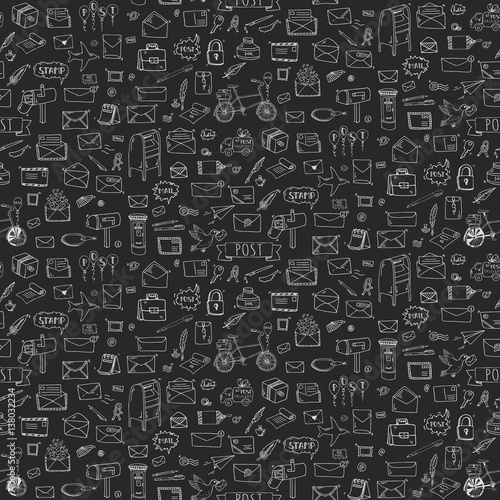 Seamless pattern with Hand drawn doodle Postal elements icon set. Vector illustration. Isolated post symbol collection. Cartoon mail element: letter, envelope, stamp, post box, package, delivery truck