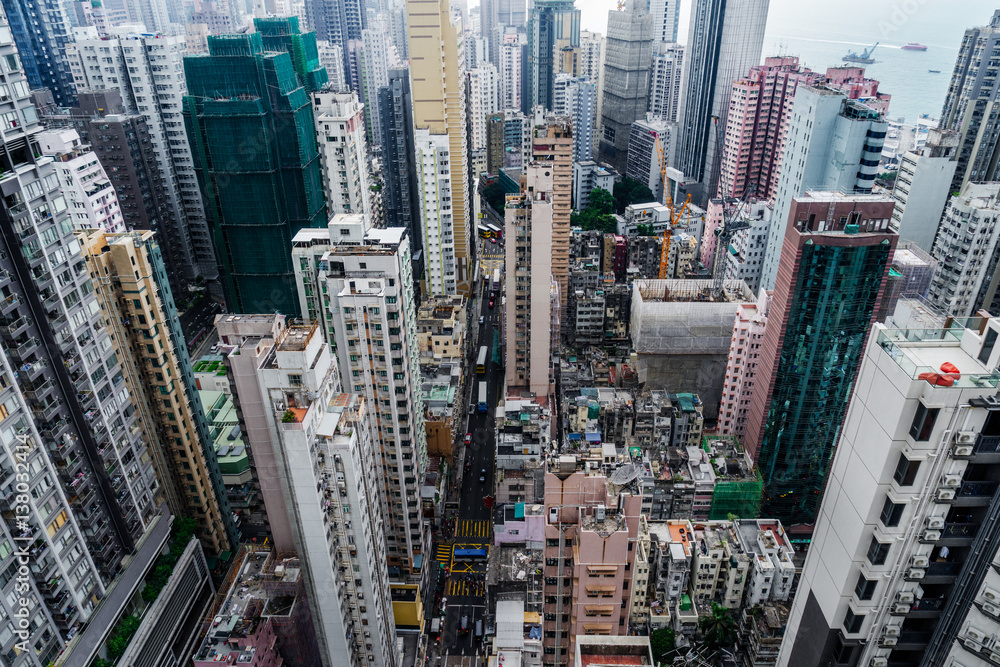 Fototapeta aerial view of Hong Kong apartment block in China.