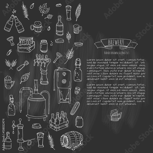 Hand drawn doodle set of Brewery icons. Vector illustration set. Cartoon Craft Beer production symbols. Sketchy brewing elements collection: pub equipment, malt, hop, glass, barrel, mill, beer tap.