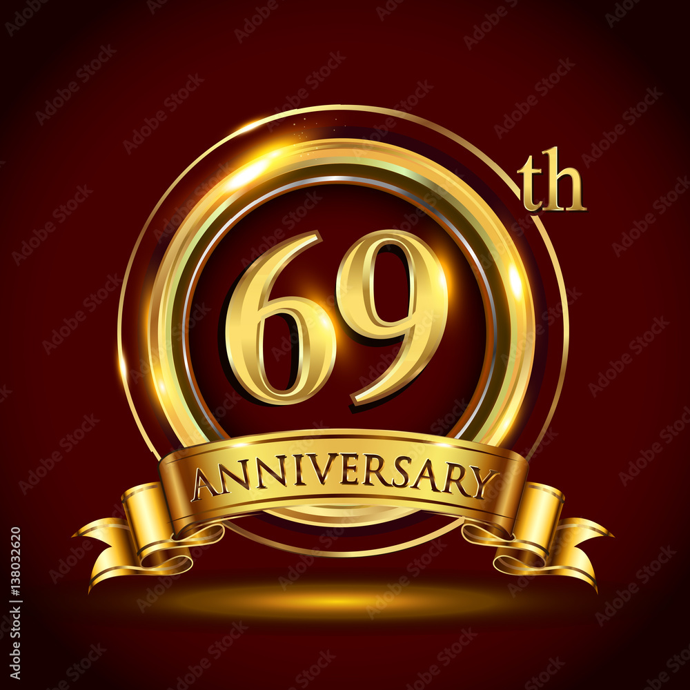 69th golden anniversary logo with gold ring and golden ribbon, vector design for invitation card and greeting card for birthday party celebration 69th golden anniversary logo with gold ring and golden ribbon, vector design for invitation card and greeting card for birthday party celebration