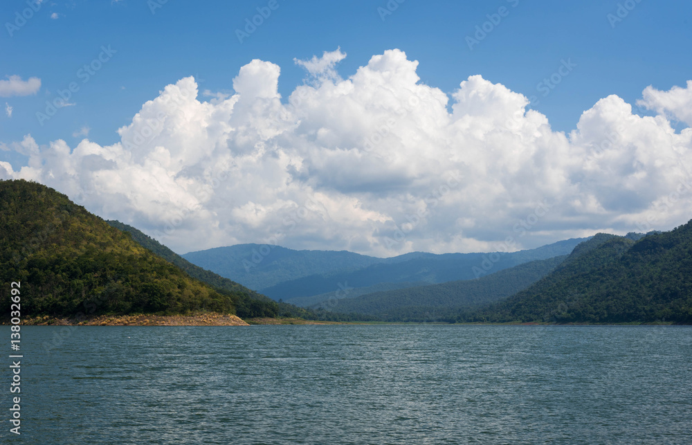 landscape mountains and water view in blue  sky, in kanchanaburi,thailand.