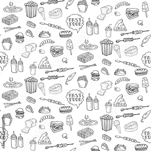 Seamless pattern Hand drawn doodle Fast food icons set. Vector illustration. Junk food elements collection. Cartoon snack sketch symbol  soda  burger  hot dog  pizza  tacos  sushi  sandwich  popcorn