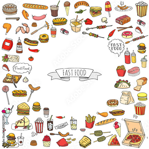 Hand drawn doodle Fast food icons set. Vector illustration. Junk food elements collection. Cartoon snack various sketch symbol: soda, burger, potato,hot dog, pizza, tacos, sweet desert, donut, popcorn