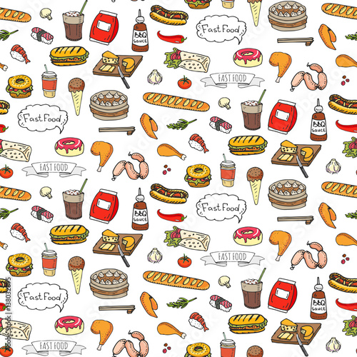 Seamless pattern Hand drawn doodle Fast food icons set. Vector illustration. Junk food elements collection. Cartoon snack sketch symbol: soda, burger, hot dog, pizza, tacos, sushi, sandwich, popcorn © natashapankina