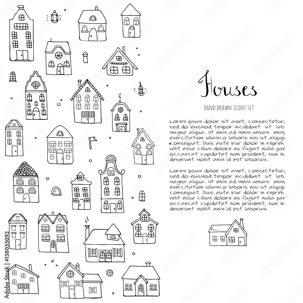 Hand drawn doodle street homes icons set. Vector illustration. Cottage symbol collection. Cartoon village buildings various sketch architectural elements: residential houses, housing, property Hand drawn doodle street homes icons set. Vector illustration. Cottage symbol collection. Cartoon village buildings various sketch architectural elements: residential houses, housing, property