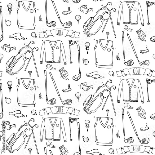 Seamless pattern Hand drawn doodle Golf icons set. Vector illustration. Game collection. Cartoon golfing sketch elements: clubs, tee, bag, cart, sport cloth, polo shirt, umbrella, flag, hole, grass.