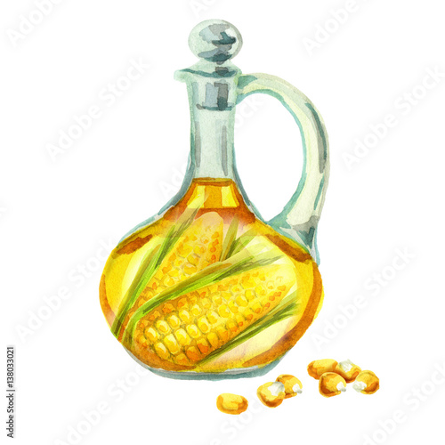 Jug with corn oil. Watercolor