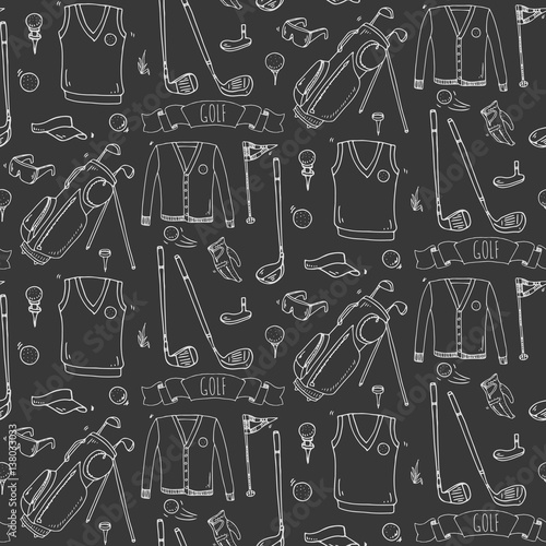 Seamless pattern Hand drawn doodle Golf icons set. Vector illustration. Game collection. Cartoon golfing sketch elements: clubs, tee, bag, cart, sport cloth, polo shirt, umbrella, flag, hole, grass.
