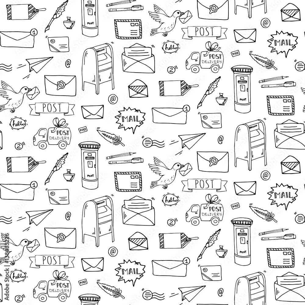 Seamless pattern Hand drawn doodle Postal elements icon set. Vector illustration. Isolated post symbols collection. Cartoon various mail element: letter, envelope, stamp, post box, package. Seamless pattern Hand drawn doodle Postal elements icon set. Vector illustration. Isolated post symbols collection. Cartoon various mail element: letter, envelope, stamp, post box, package.