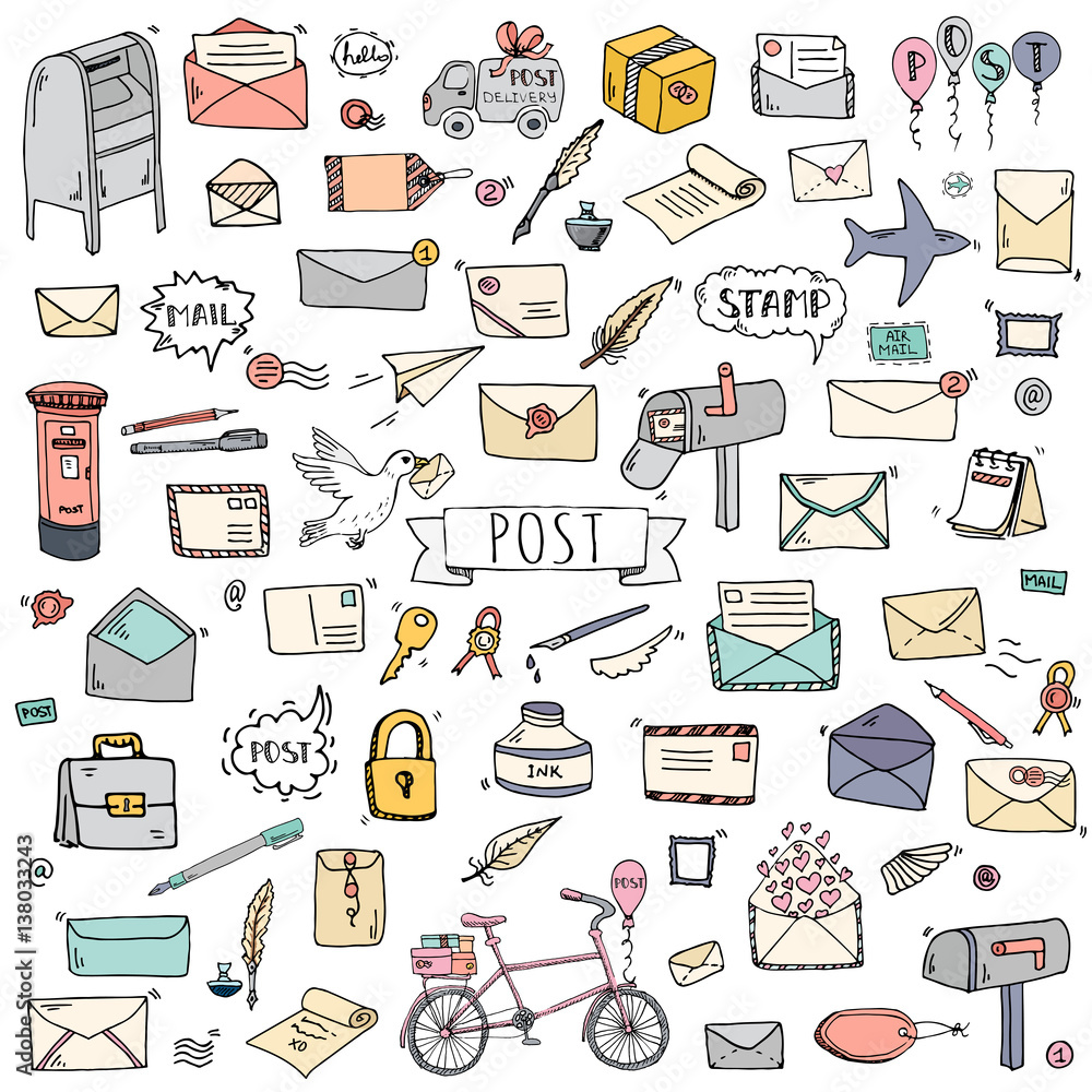 Vecteur Stock Hand drawn doodle Postal elements icon set. Vector ...