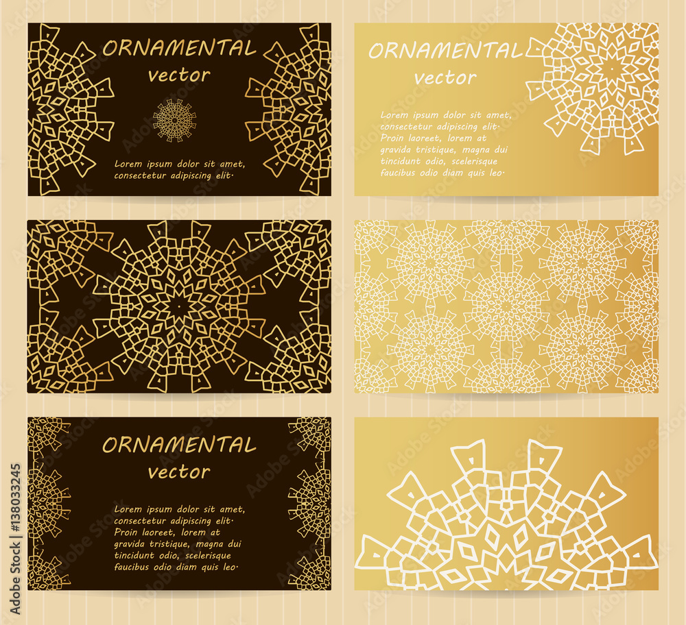 Business cards 3.5 x 2 inch size set. Golden mandala decoration. Eastern, oriental, islamic style. Vector editable design templates.