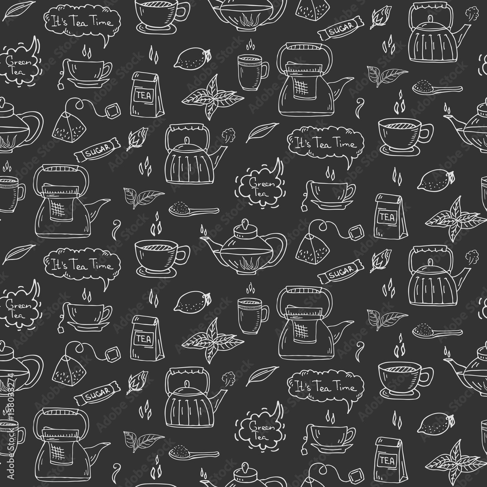 Seamless pattern Hand drawn doodle Tea time icon set. Vector illustration. Isolated drink symbols collection. Cartoon beverage element: mug, cup, teapot, leaf, bag, spice, mint, herbal, sugar, lemon. Seamless pattern Hand drawn doodle Tea time icon set. Vector illustration. Isolated drink symbols collection. Cartoon beverage element: mug, cup, teapot, leaf, bag, spice, mint, herbal, sugar, lemon.