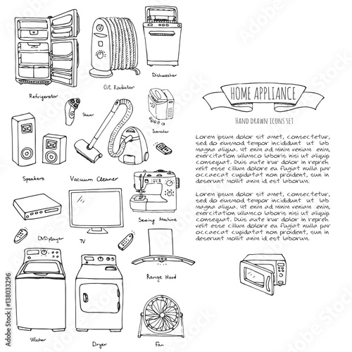 Hand drawn doodle Home appliance vector illustration Cartoon icons set Various household equipment and facilities Major and small appliances Consumer electronics Kitchenware Freehand vector sketches