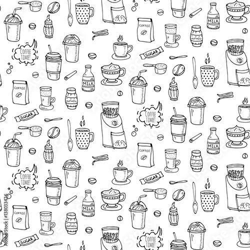 Seamless background hand drawn doodle Coffee time icons set Vector illustration isolated drink symbols collection Cartoon various beverage element: mug, cup, espresso, americano, irish, decaffeinated