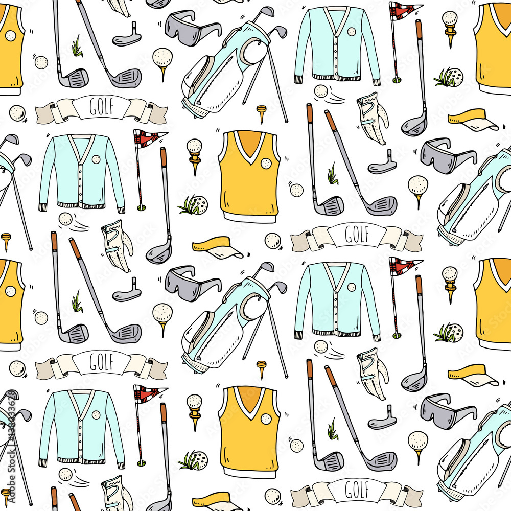 Seamless pattern Hand drawn doodle Golf icons set. Vector illustration Game collection.Cartoon golfing sketch elements: clubs, tee, bag, cart, sport cloth, shoes, polo shirt, umbrella, flag hole grass Seamless pattern Hand drawn doodle Golf icons set. Vector illustration Game collection.Cartoon golfing sketch elements: clubs, tee, bag, cart, sport cloth, shoes, polo shirt, umbrella, flag hole grass