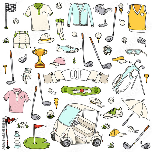 Hand drawn doodle Golf icons set. Vector illustration. Game collection. Cartoon golfing various sketch elements: clubs, tee, bag, cart, sport cloth, shoes, polo shirt, umbrella, flag, hole, grass.