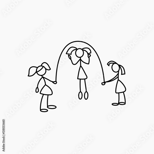Cartoon icons of sketch little girls people in cute miniature scenes.