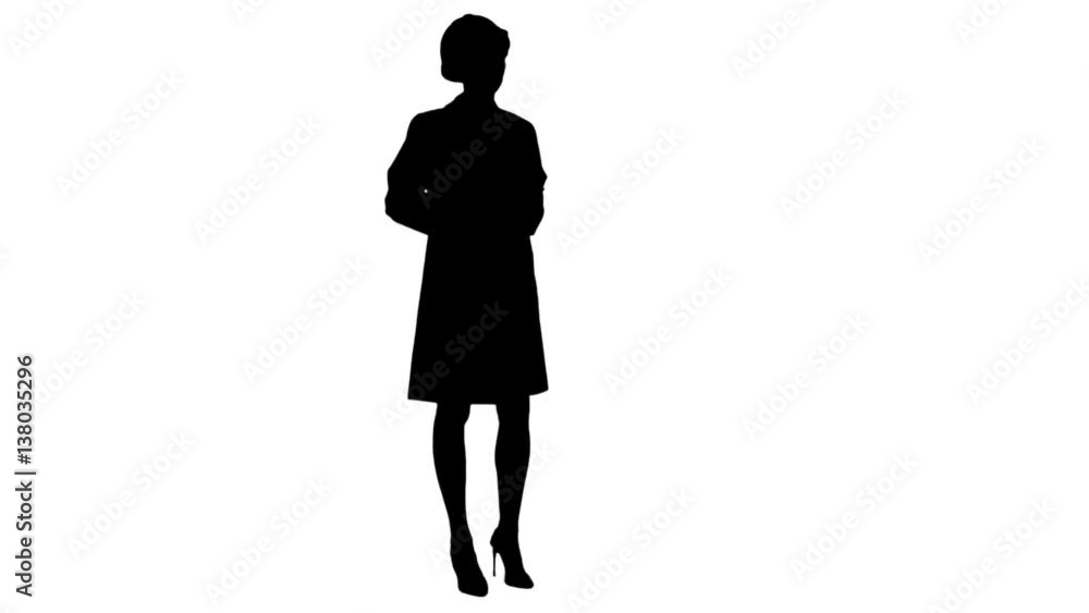 Silhouette Smiling female engineer with tablet taking to the camera Silhouette Smiling female engineer with tablet taking to the camera