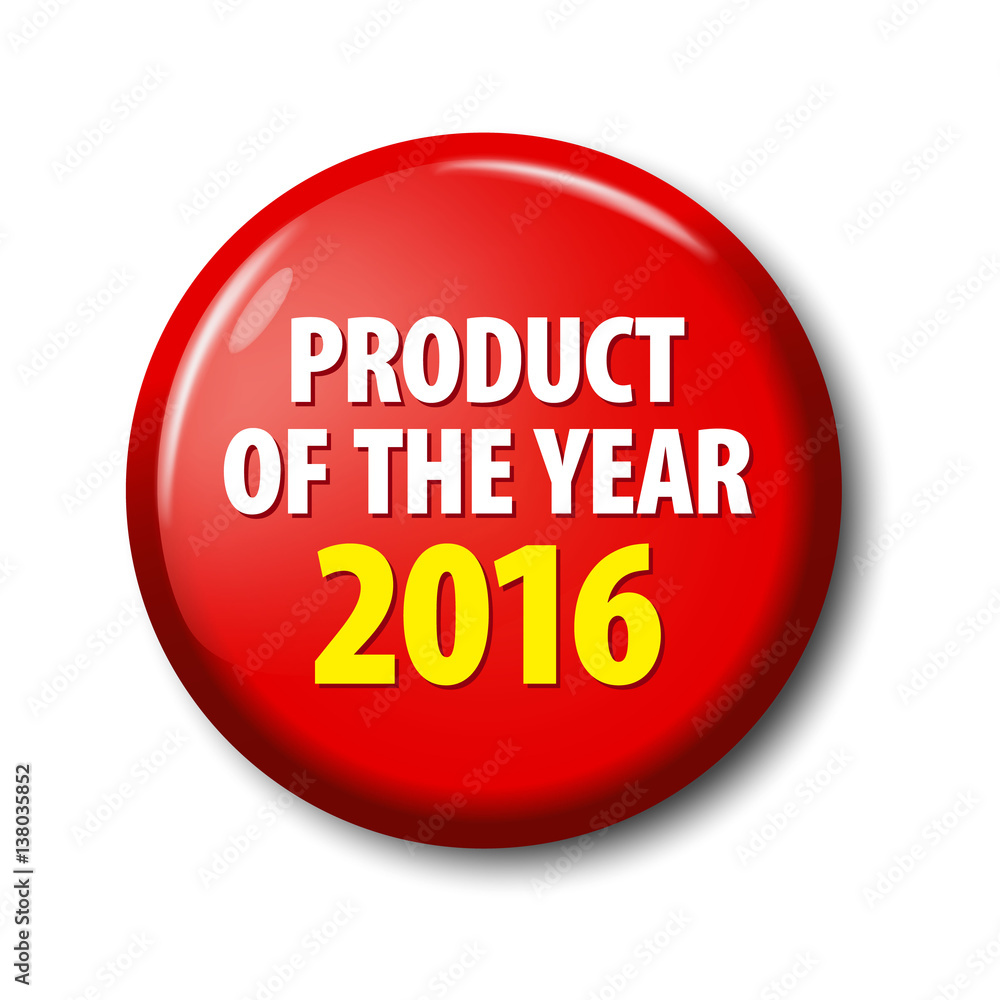 Bright red button with words 'Product of the year 2016' Bright red button with words 'Product of the year 2016'