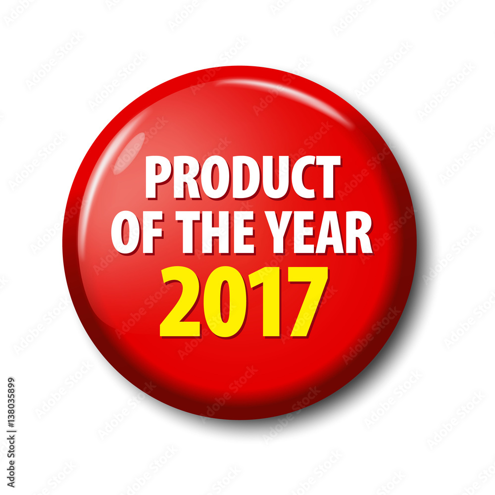 Bright red button with words 'Product of the year 2017' Bright red button with words 'Product of the year 2017'