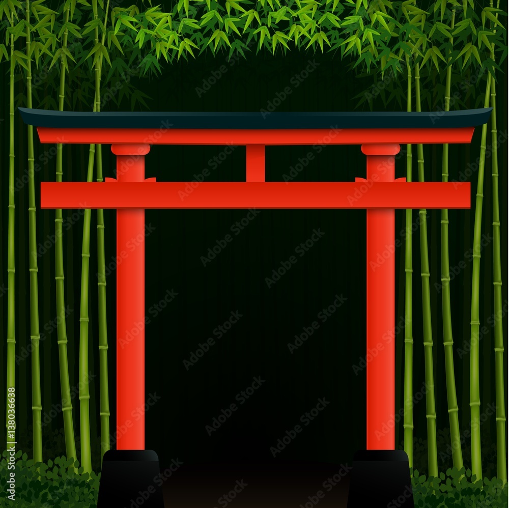 Fototapeta premium Dark bamboo forest background with red japanese gate