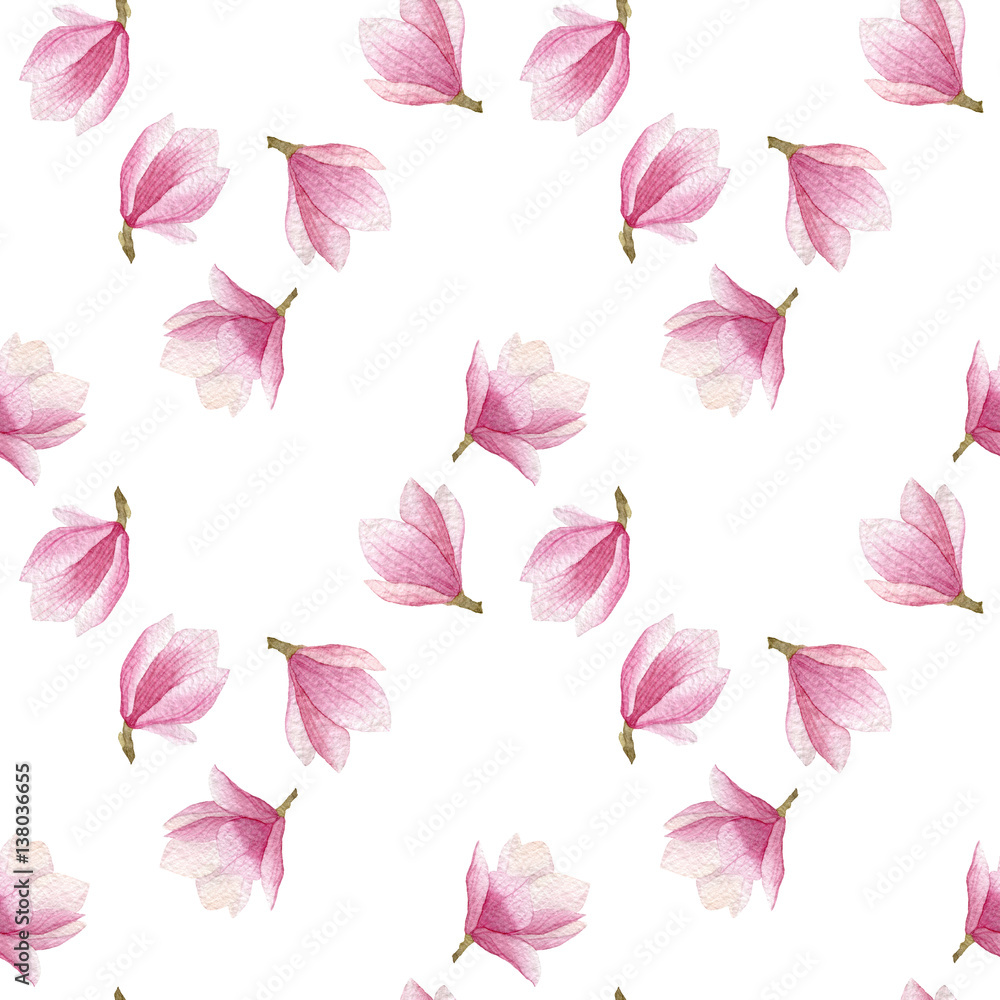 spring blooming magnolia pattern. watercolor seamless background.