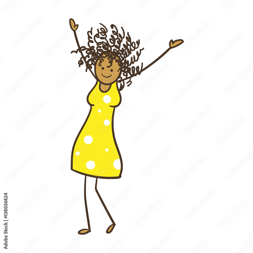 Cartoon Stick Figure Woman With Curly Hair Stock Vector | Adobe Stock