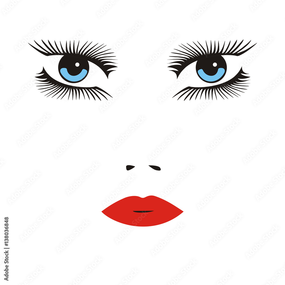 vector illustration of a face of a woman with long lashes, blue eyes and red lips vector illustration of a face of a woman with long lashes, blue eyes and red lips