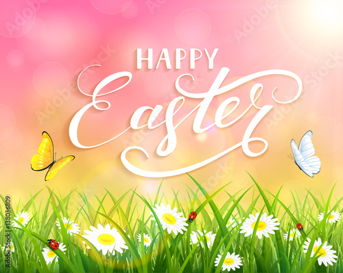 Pink Easter background with grass and flowers