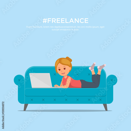 Cartoon girl with laptop lying on sofa. Chat, dating, education and search for information on the network. Concept design freelance worker. Vector illustration in flat style.