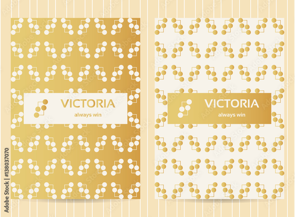 5x7 inch size cards in golden color with lines and dots. Vector luxury templates for restaurant menu, flyer, greeting card, brochure, book cover and any other decoration.