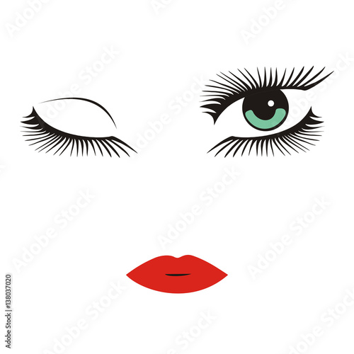 vector green eyes with long lashes winking. red lips